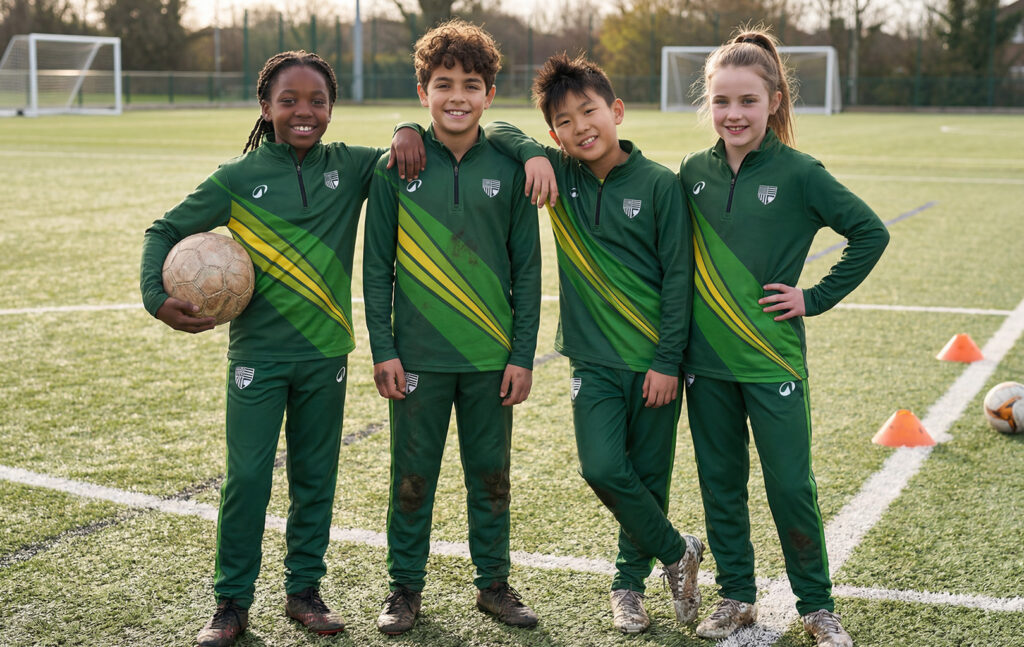 Kids stood in muddy green sports tracksuits from Decathlon Club.