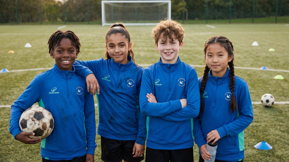 Kids wearing blue custom Decathlon training kit for football.