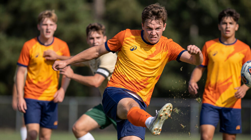 Male footballer in custom kit from Decathlon - orange shirt and navy blue shorts.