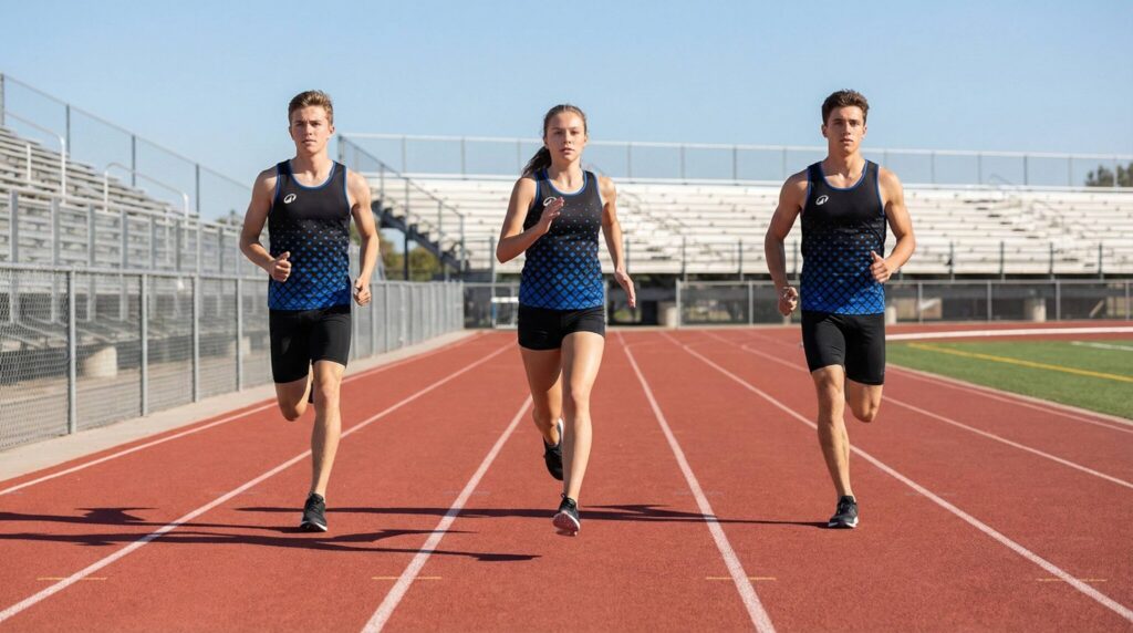 A woman and two men running on a track in custom Decathlon athletics kit.