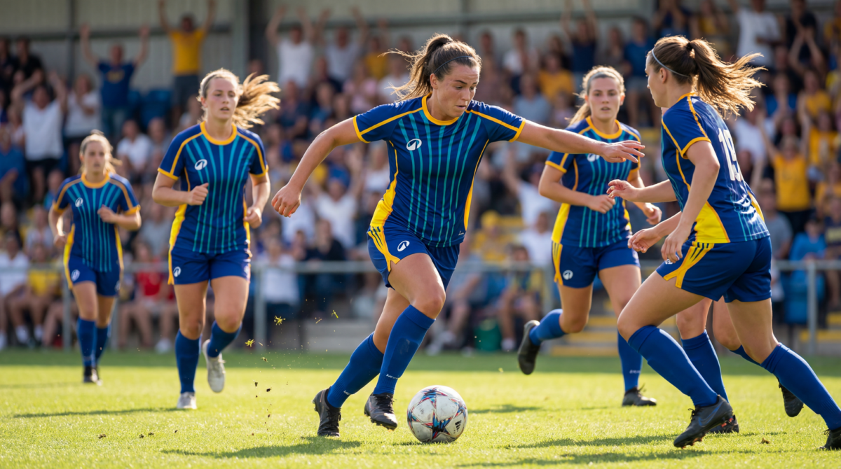 Female football player and team in yellow and blue custom Decathlon sport kit, playing a match.