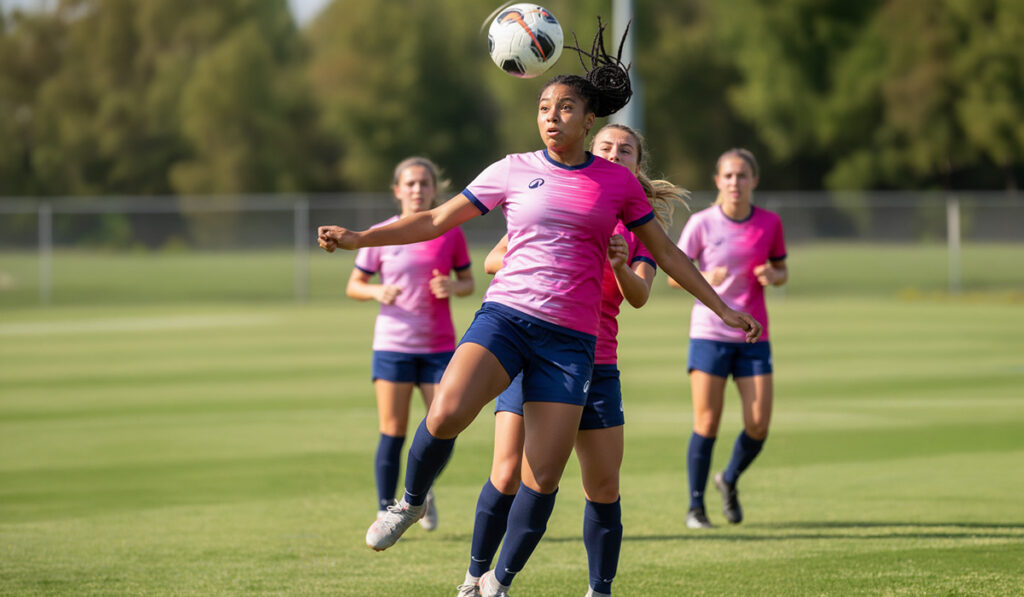 Female football players in custom football kit from Decathlon, in pink shirts with navy shorts and socks.