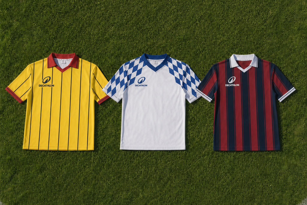 Three vintage-inspired football shirts made by Decathlon Club. One is yellow with black stripes and a red collar and trim; one is white with blue diamonds and trim; one is burgundy and navy stripe with white collar and trim.