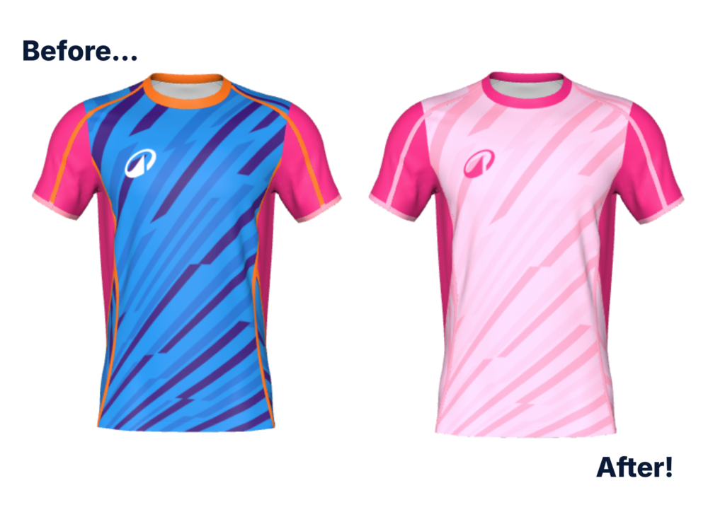 A cluttered football kit design 'before' with pink, orange, blue, and purple; a sleek, simplified pink design 'after'