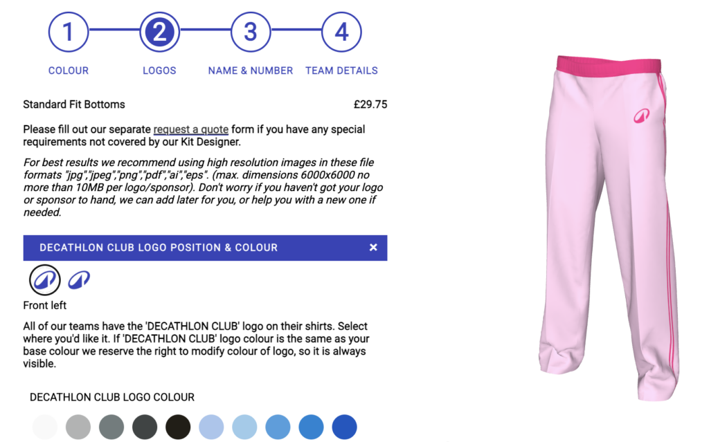 Pink cricket trousers mid-design in the Decathlon club kit designer.