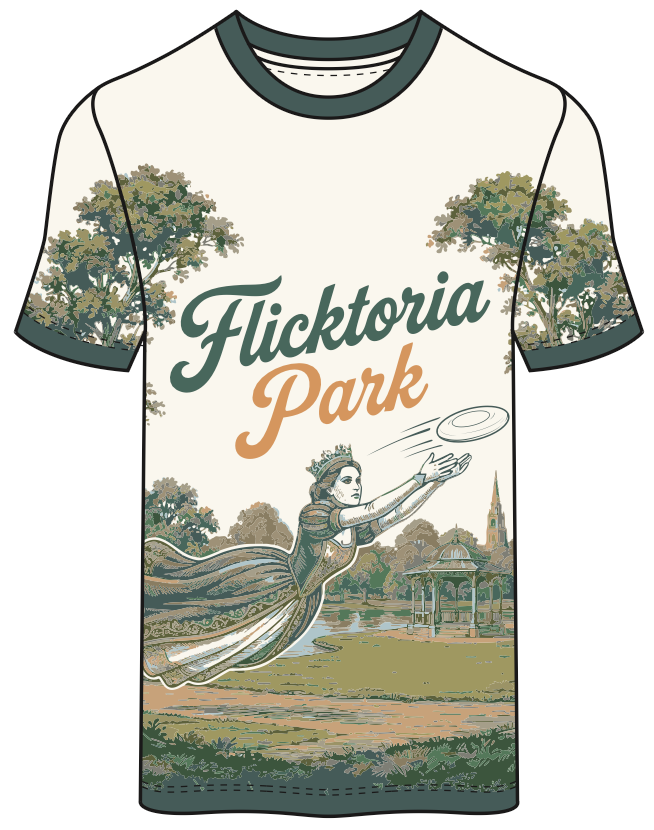 Cream shirt with detailed park illustration, bandstand and figure throwing a frisbee, reading "Flicktoria Park"