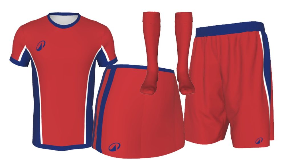 Red, white, and blue hockey kit combination with shirt, shorts, skort, and socks from Decathlon Club.