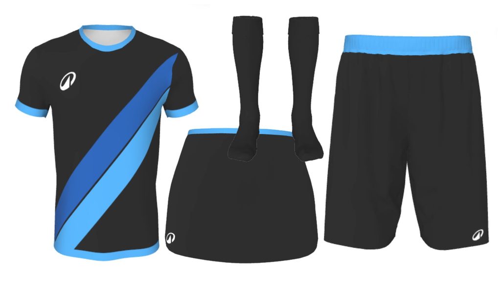 Sublimated black, sky and light blue hockey kit. Includes socks, shirt, shorts, and skort, from Decathlon Club.