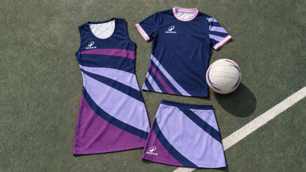 Netball kit flat lay showing a custom Decathlon netball dress, skort, and t-shirt with netball ball on a netball court